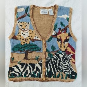 Vintage Laura Daniels Petite Hand-Knit Safari Animal Sweater Vest Medium *RARE*